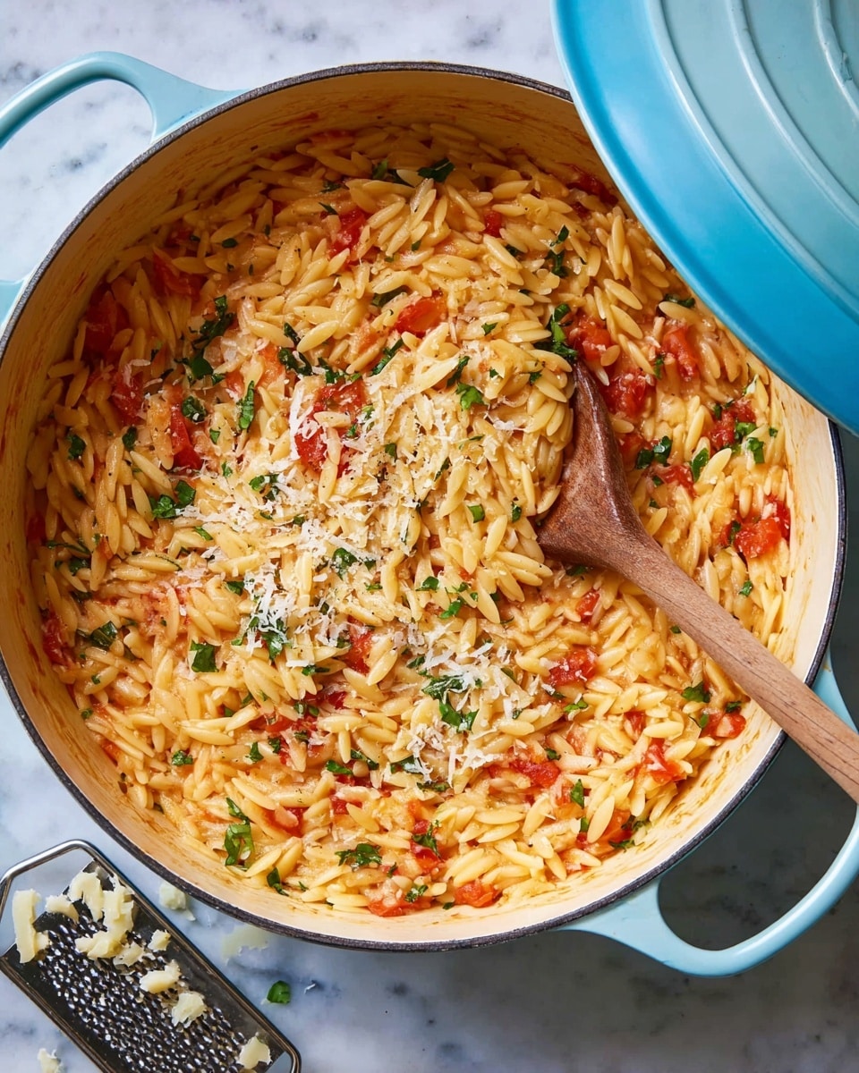 A large white pot with a light blue lid, slightly opened, contains cooked orzo pasta mixed with small pieces of red tomato and green herbs, topped with a light sprinkling of grated white cheese. The orzo is golden yellow with a slightly shiny texture from the sauce, spread evenly inside the pot. A wooden spoon rests inside, partly submerged in the pasta, with its handle leaning on the right side of the pot. The pot sits on a white marbled surface, and some cheese pieces and a metal grater can be seen near the bottom left corner. photo taken with an iphone --ar 4:5 --v 7