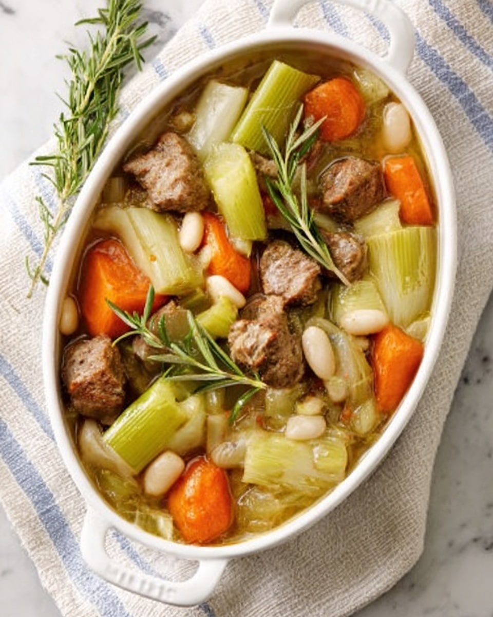 The image shows a white oval pot filled with a stew. Inside, there are large chunks of light brown cooked meat spread evenly. Thick pieces of orange carrots and pale green leeks are placed throughout, along with some whole white beans adding texture. A sprig of fresh green rosemary lies on top. The pot rests on a white marbled surface with a striped cloth partially underneath. The broth is clear but slightly golden, allowing the ingredients to be seen clearly. Photo taken with an iphone --ar 4:5 --v 7