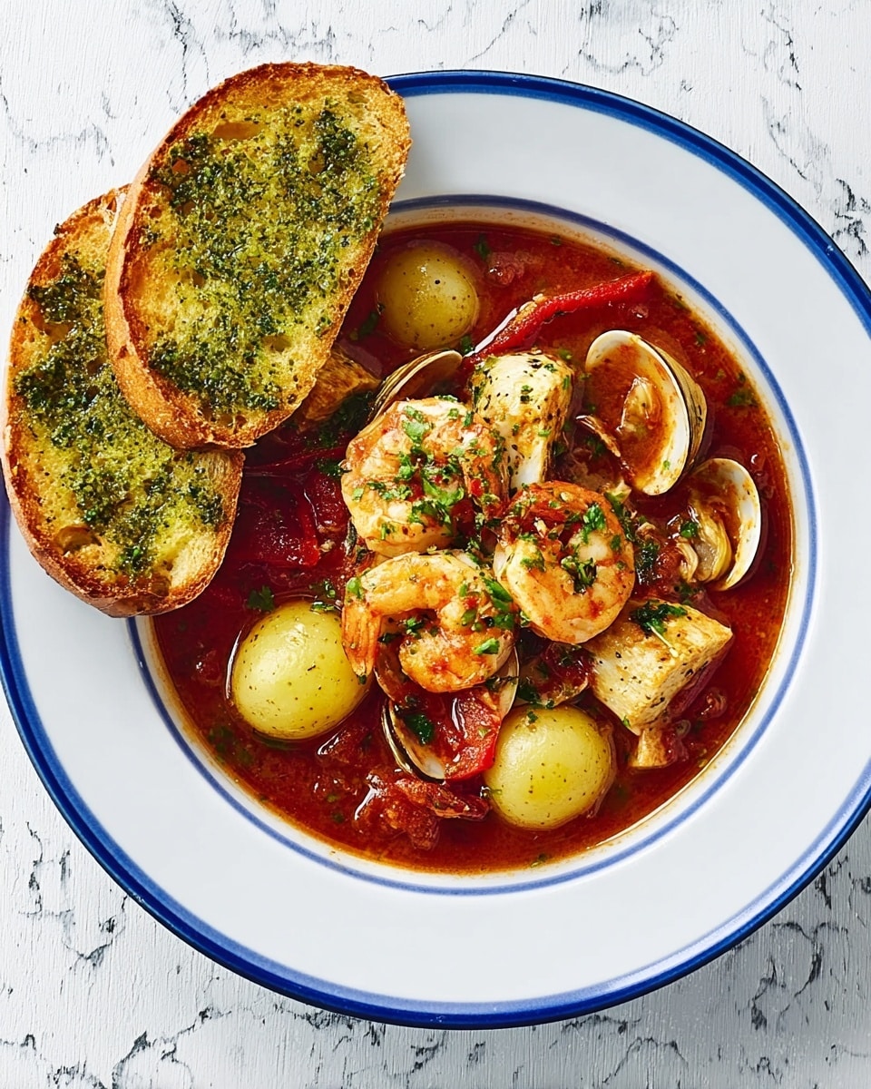 A white bowl with a blue rim holds a rich seafood stew. The bottom layer is a deep red tomato broth filled with chunks of fish and clams. On top, there are whole cooked shrimp that are light pink with curled tails, round boiled potatoes with smooth pale-yellow skin, and strips of red bell pepper. Two pieces of toasted garlic bread with a green herb spread rest on the edge of the bowl. The bowl is set on a white marbled surface. photo taken with an iphone --ar 4:5 --v 7
