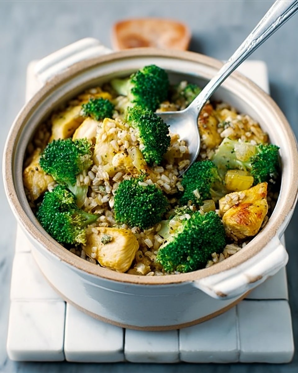 The image shows a white ceramic pot filled with a mix of cooked broccoli, yellow chicken pieces, and light brown rice. The broccoli pieces are bright green and placed mostly on top. The chicken pieces are golden yellow and nestled among the rice, which forms the bottom layer with a grainy texture. A silver spoon is resting inside the pot, scooping up some broccoli and rice. The pot sits on a square white tile trivet, all placed on a white marbled surface. photo taken with an iphone --ar 4:5 --v 7
