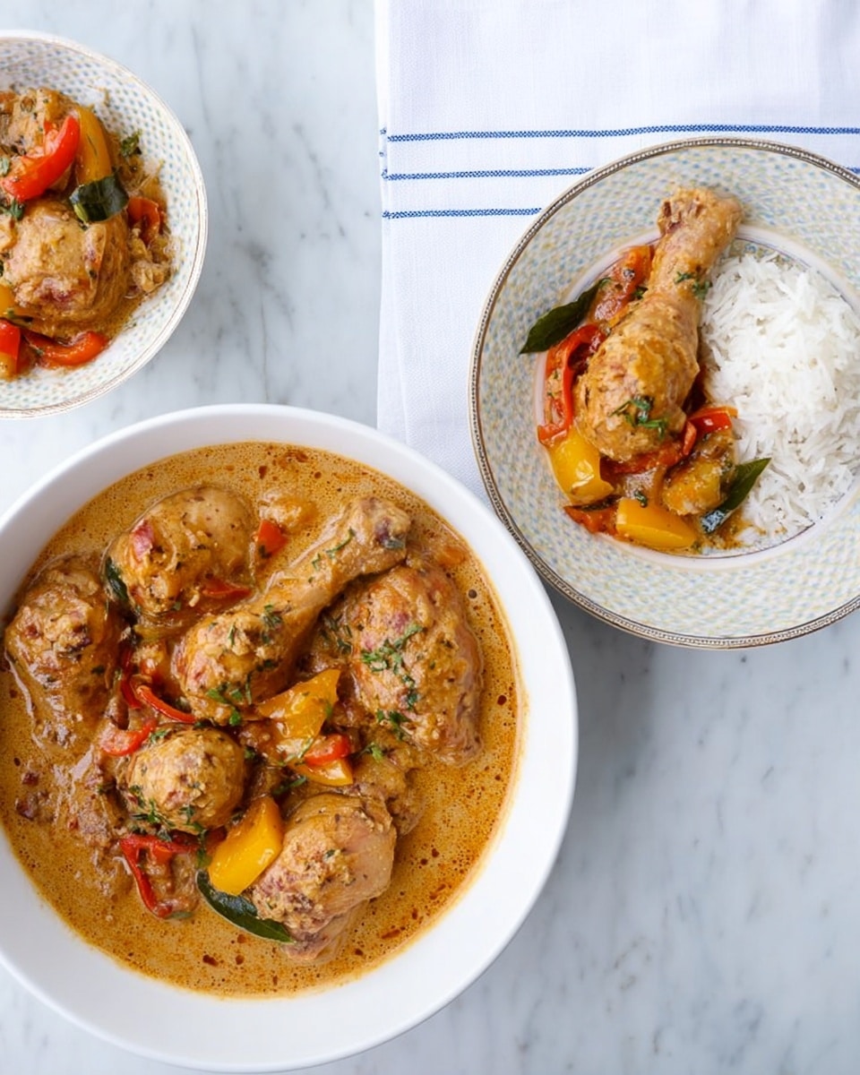 The image shows a white bowl filled with a creamy brown curry containing several chicken drumsticks and pieces of yellow and red bell peppers, all garnished with small green herbs and a bay leaf. Next to this larger bowl, there is a white plate with a patterned rim that holds a smaller white bowl on top. The smaller bowl contains more chicken drumsticks and curry with red and yellow peppers, while the plate beneath holds a serving of white rice. Both are placed on a white marbled surface with a folded white cloth having a simple blue stripe design under the larger bowl. The scene looks bright and clean, with a soft natural light. photo taken with an iphone --ar 4:5 --v 7