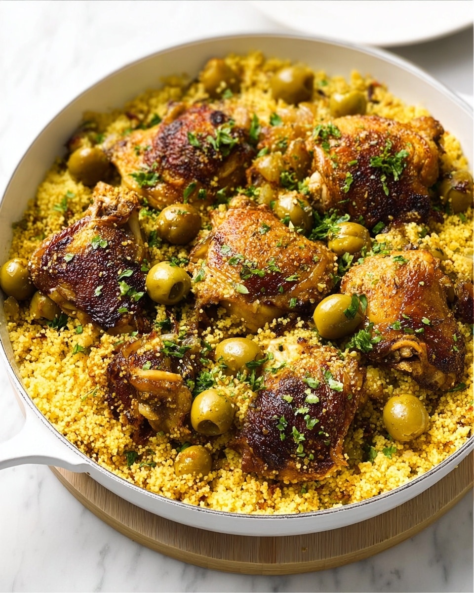 A white pan filled with layers of yellow couscous mixed with green olives, topped with several pieces of browned chicken thighs that look crispy and well cooked. There are small bits of green herbs scattered over the top for garnish. The pan is placed on a light beige wooden board, all set on a white marbled surface. The colors are warm, with the yellow couscous contrasting nicely against the dark golden chicken pieces. Photo taken with an iphone --ar 4:5 --v 7