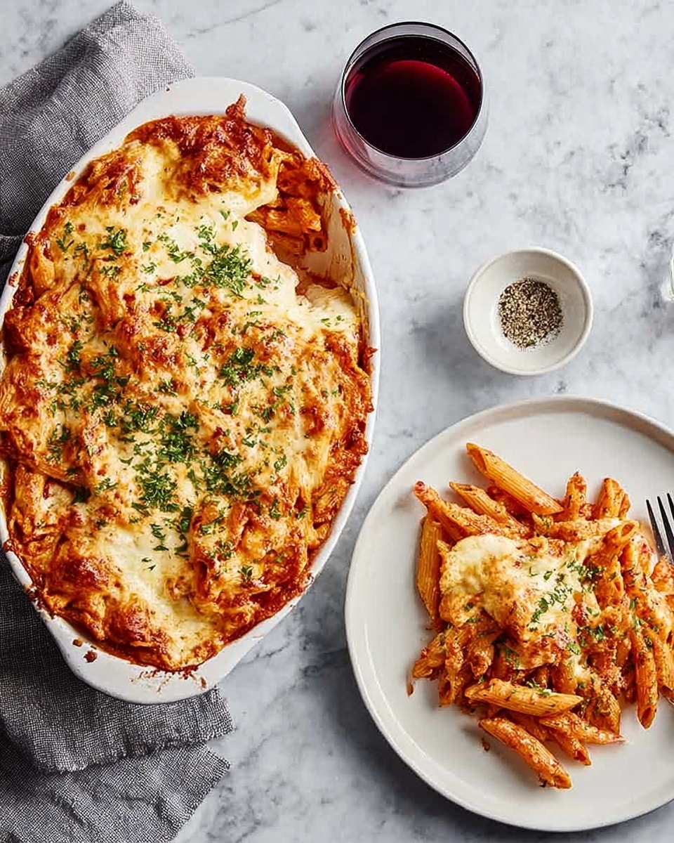 The image shows a white oval baking dish filled with baked pasta that has three visible layers: a red tomato sauce layer at the bottom, a creamy white cheese layer in the middle, and a golden brown melted cheese layer with green herbs sprinkled on top. Next to the baking dish is a white round plate holding a serving of the same baked pasta, showing penne pasta shapes covered in tomato sauce and melted cheese with a slight sprinkle of herbs. A glass of red wine and a small white bowl with pepper are placed nearby on a white marbled surface with a gray cloth napkin beside the dish. photo taken with an iphone --ar 4:5 --v 7