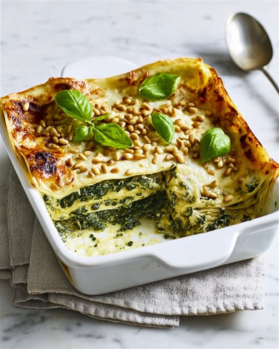 A white square baking dish holds a baked lasagna with three visible layers: a golden brown top layer of melted cheese covered with light brown toasted pine nuts and fresh green basil leaves, the middle layer showing a rich dark green spinach mixture with creamy texture, and thin light yellow pasta sheets separating the layers. A portion of the lasagna is scooped out, revealing the layers clearly. The dish rests on a light gray cloth on a white marbled surface with a silver spoon to the side. Photo taken with an iphone --ar 4:5 --v 7
