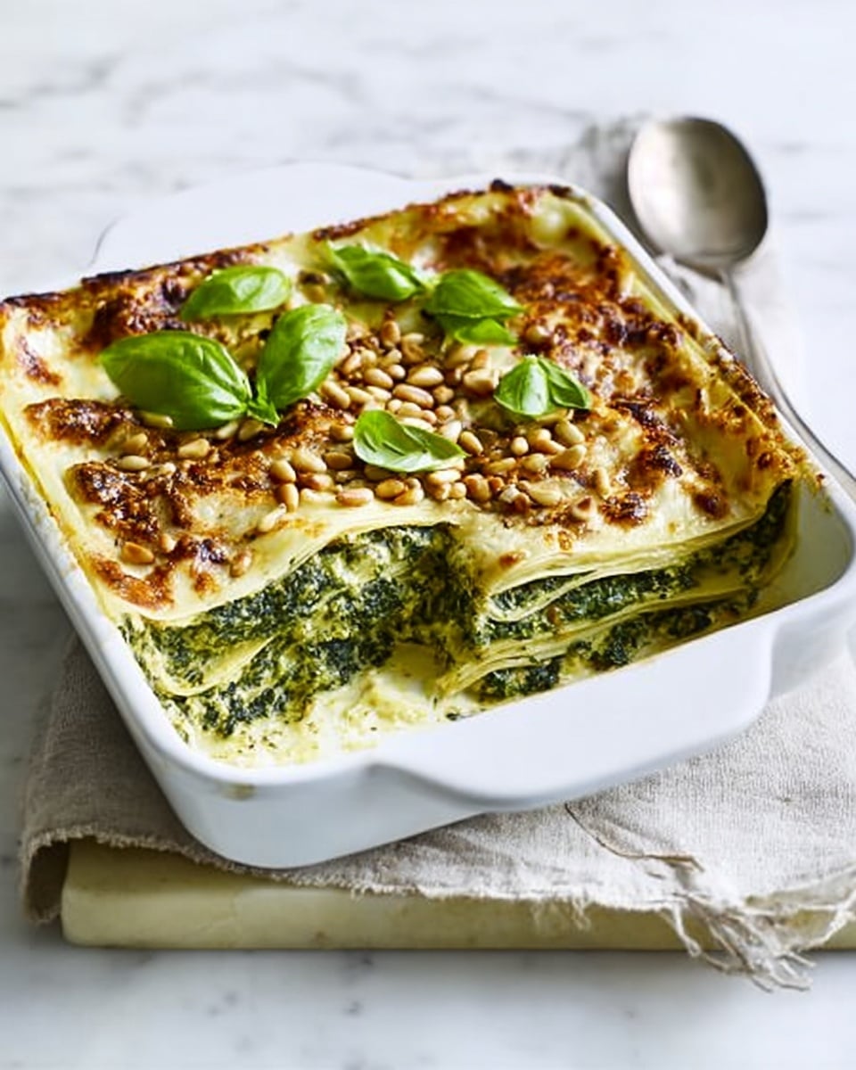A white square baking dish contains a spinach lasagna with three visible layers: a green spinach and cheese mixture as the base, a middle layer of thin, creamy white pasta sheets, and a top layer of melted golden cheese covered in toasted pine nuts and fresh green basil leaves. One corner of the lasagna is missing, showing the distinct layers clearly. The dish is set on a white marbled surface with a light-colored cloth underneath, and a silver spoon rests nearby. Photo taken with an iphone --ar 4:5 --v 7