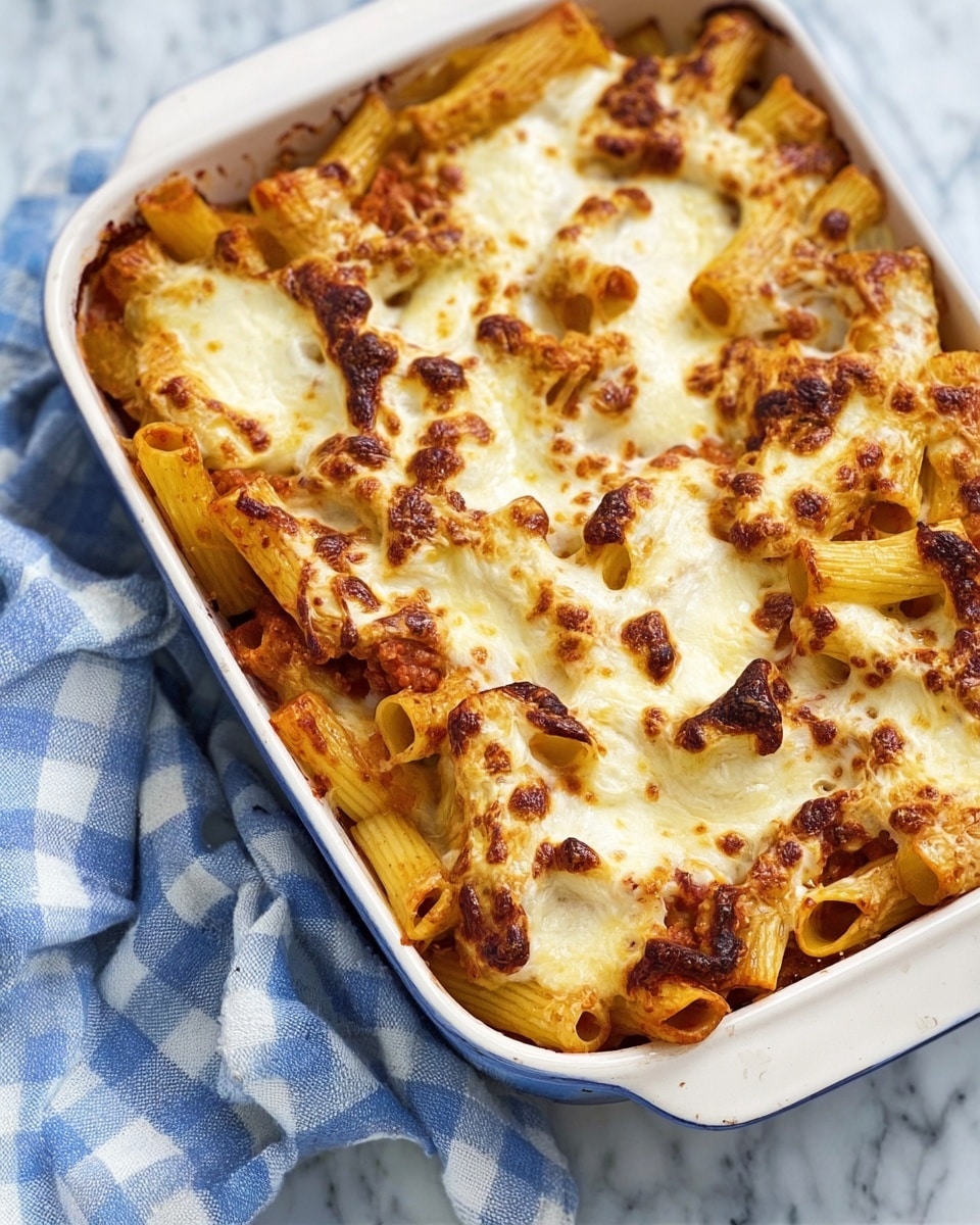 A white baking dish filled with baked pasta, the pasta tubes are golden brown and mixed with a baked tomato-based sauce visible in places. The top layer is covered with melted, bubbly white cheese that has browned spots, creating a rich and creamy texture. The dish rests on a white marbled surface with a blue and white checkered cloth towel nearby. Photo taken with an iphone --ar 4:5 --v 7
