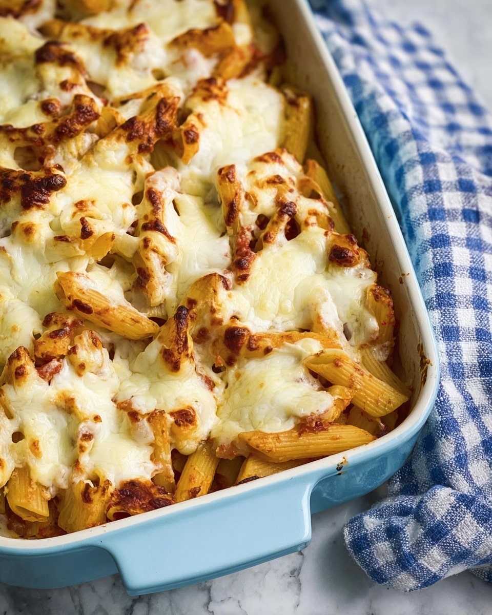 The image shows a rectangular light blue baking dish filled with baked penne pasta covered in uneven dollops of melted white cheese lightly browned on top. The pasta is golden brown with some darker, crispier edges visible under the cheese. The dish sits on a white marbled textured surface next to a blue and white checkered cloth. The cheese appears creamy with a slightly bubbly texture, and the pasta pieces are layered close together but not densely packed. The overall look is warm and inviting, with a mix of soft and crisp textures. Photo taken with an iphone --ar 4:5 --v 7