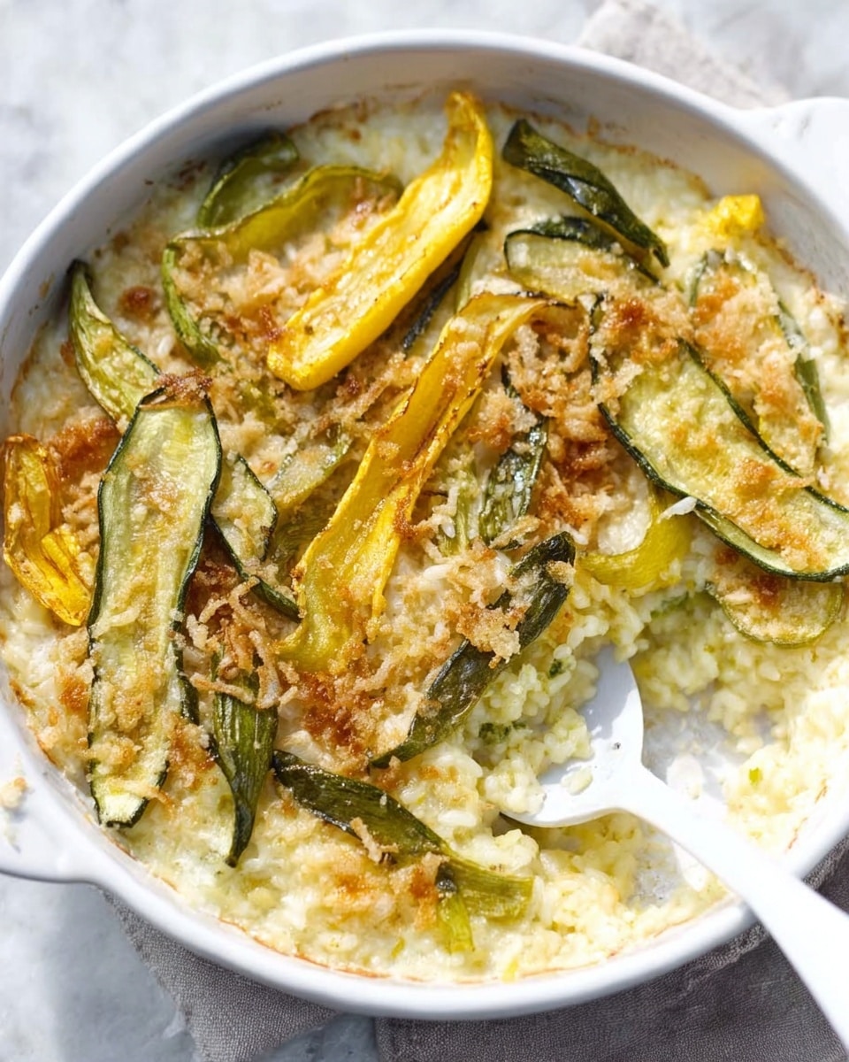 A white round dish filled with a creamy rice bake topped with roasted green and yellow zucchini slices arranged randomly. The top layer is golden with some crispy toasted crumbs scattered over the surface. The baked rice underneath is light yellow and soft, visible where a portion has been scooped out from the bottom right. A white spoon rests inside the dish on the left side. The dish sits on a white marbled surface. Photo taken with an iphone --ar 4:5 --v 7