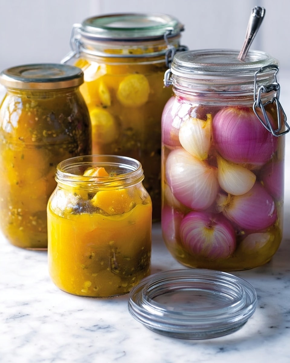 The image shows several glass jars filled with pickled vegetables placed on a white marbled surface. In the front left, there is a small jar with a yellow pickled mixture that looks smooth with small chunks and seeds visible, topped with some larger pieces of yellow vegetable. Behind it, a taller jar contains a similar yellow pickled mixture with a metal clip top and a spoon sticking out. To the right, a medium jar holds whole pink and white pickled onions in clear liquid, showing the round layers and smooth texture of the onions. The jars are arranged closely, with one clear jar lid placed flat on the surface in front of the onion jar. The overall colors are yellows, pinks, and clear liquids with a clean and simple presentation. Photo taken with an iphone --ar 4:5 --v 7