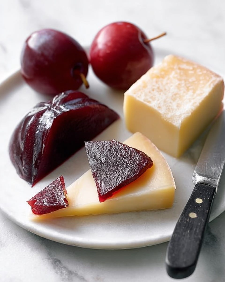 The image shows a white plate with a wedge of pale yellow cheese at the back right, two whole red plums behind a dark red, shiny, folded fruit paste piece in the center, and in front, two triangular slices of the pale cheese with a small piece of the same dark red fruit paste resting on the closest slice. A knife with a black handle lies to the right on the white marbled surface. Photo taken with an iphone --ar 4:5 --v 7