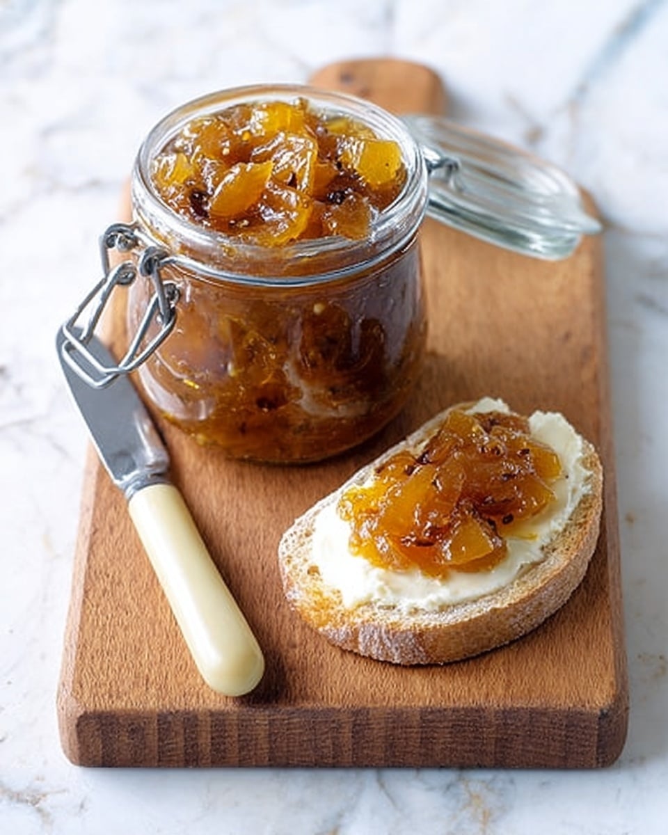 A clear glass jar with a metal clasp is filled with a chunky golden-brown chutney, showing visible pieces of fruit and seeds. Next to the jar, on a wooden cutting board, there is a slice of bread spread with creamy butter, topped with a spoonful of the same chutney. A knife with a cream-colored handle lies on the cutting board with some chutney on its blade. The background is a white marbled texture. Photo taken with an iphone --ar 4:5 --v 7