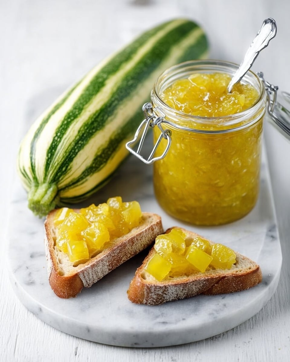 A round white marble board holds a large fresh zucchini with green and light green stripes on the left side, next to a clear glass jar filled with bright yellow diced fruit preserves with a metal clasp lid and a spoon inside. In front of the jar, two triangular slices of crusty bread are spread with the same yellow fruit preserve, showing thick, glossy chunks on top. The whole setup is on a white marbled surface. photo taken with an iphone --ar 4:5 --v 7