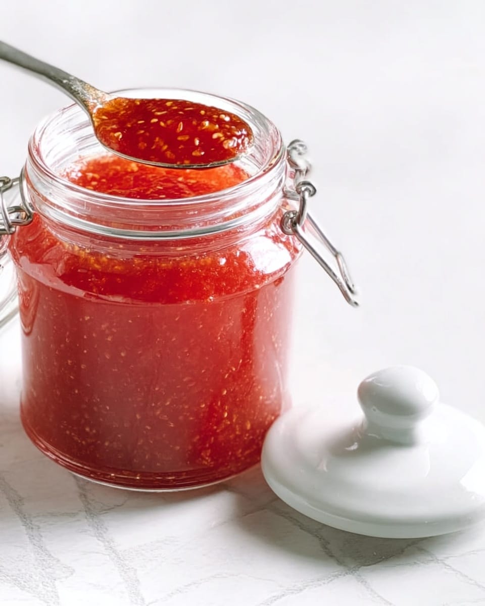 A clear glass jar filled with bright red jam, showing small bits of fruit inside, sits on a white marbled surface. The jar’s white ceramic lid with a metal clip is placed next to it. Above the jar, a spoon holds a small amount of the shiny, thick jam, with visible seeds and fruit pieces, ready to be served. The light reflects softly on the glass and the jam giving it a fresh look. photo taken with an iphone --ar 4:5 --v 7
