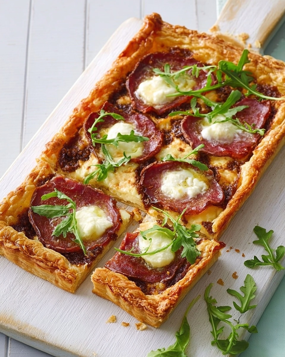A rectangular puff pastry tart with golden-brown, flaky edges rests on a white wooden board placed on a white marbled texture surface. The tart has a dark brown sauce or spread base visible beneath the toppings. On top are several slices of reddish-brown cured meat evenly placed over the surface. Melted white cheese blobs are scattered in small rounds across the tart, partially melting into the meat. Fresh green arugula leaves are sprinkled on top, adding a pop of bright green color. One corner of the tart is cut into a small square piece, and some loose arugula leaves lie near the tart on the board. Photo taken with an iphone --ar 4:5 --v 7