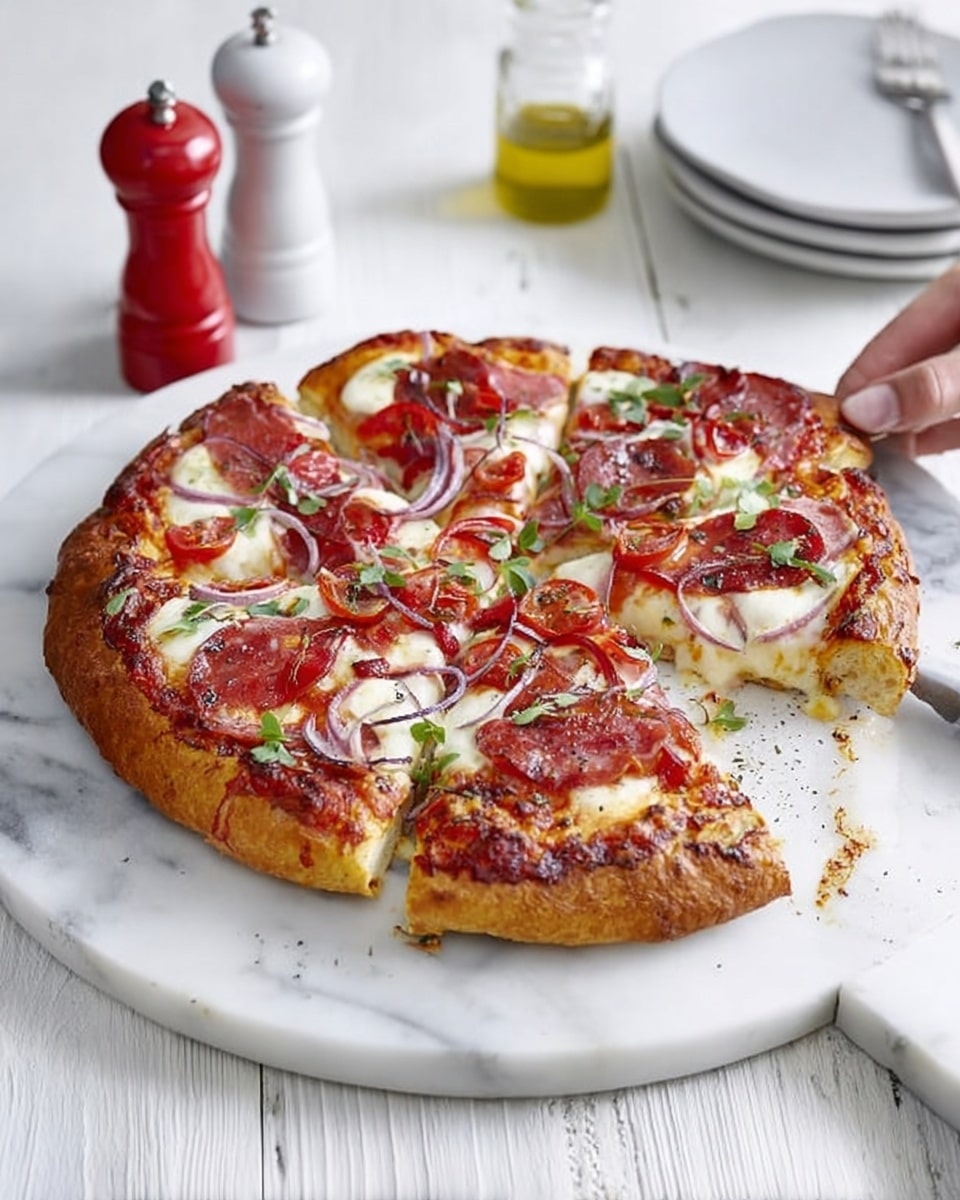 A round pizza with a thick, golden-brown crust placed on a white marble surface, resting on a white marble pizza peel. The pizza is sliced into six pieces, showing melted white cheese, red tomato sauce, thin red slices of pepperoni, fresh red tomato chunks, and thin purple onion rings spread across the top. Small green herb leaves are scattered over the pizza, adding a fresh touch. A woman's hand is pulling one slice away, lifting it slightly from the whole pizza. In the background, a red and a white salt and pepper shaker and a small glass bottle with olive oil sit on the white marble surface. photo taken with an iphone --ar 4:5 --v 7