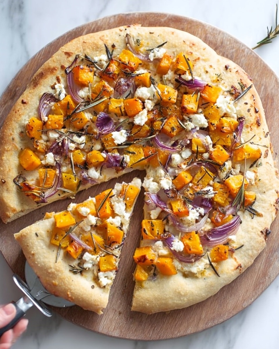 A round pizza with a golden, thick crust sits on a wooden board against a white marbled background. The pizza has a single base layer of light sauce, topped with small, bright orange cubes of roasted butternut squash spread evenly. Scattered among the squash are thin, soft slices of purple onion and small dollops of white creamy cheese, likely ricotta. Sprigs of fresh rosemary are placed on top, adding green contrast. One slice is cut out and slightly pulled away from the pizza, with a silver pizza cutter nearby and a woman's hand holding the handle. Photo taken with an iphone --ar 4:5 --v 7