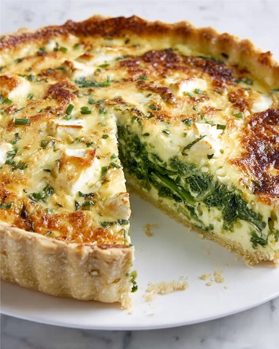 The image shows a close-up of a savory pie with one slice removed, revealing three visible layers. The bottom layer is a light golden brown crust with a crumbly texture, forming the base and the outer edge. Above this is a bright green layer of cooked vegetables, possibly spinach or similar greens, richly packed and covering the whole pie bottom. The top layer is creamy and pale yellow with browned spots from baking, looking smooth and slightly fluffy, with small pieces of green herbs and white chunks scattered evenly. The pie sits on a white plate, placed on a white marbled surface. photo taken with an iphone --ar 4:5 --v 7