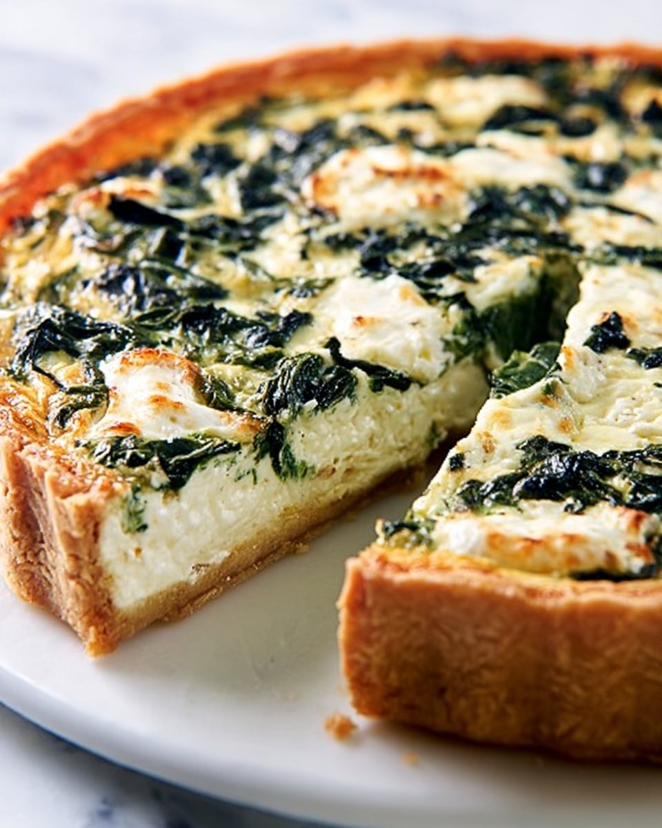 A close-up image of a spinach and cheese tart with one slice cut out and slightly pulled away, showing a golden brown crust on the bottom and sides that looks flaky and thick. The top layer is creamy white cheese with scattered, wilted dark green spinach leaves mixed in, creating a marbled effect. The tart rests on a white plate, which sits on a white marbled surface. The overall look is fresh and savory, with a smooth texture on top and a crisp crust at the bottom. Photo taken with an iphone --ar 4:5 --v 7