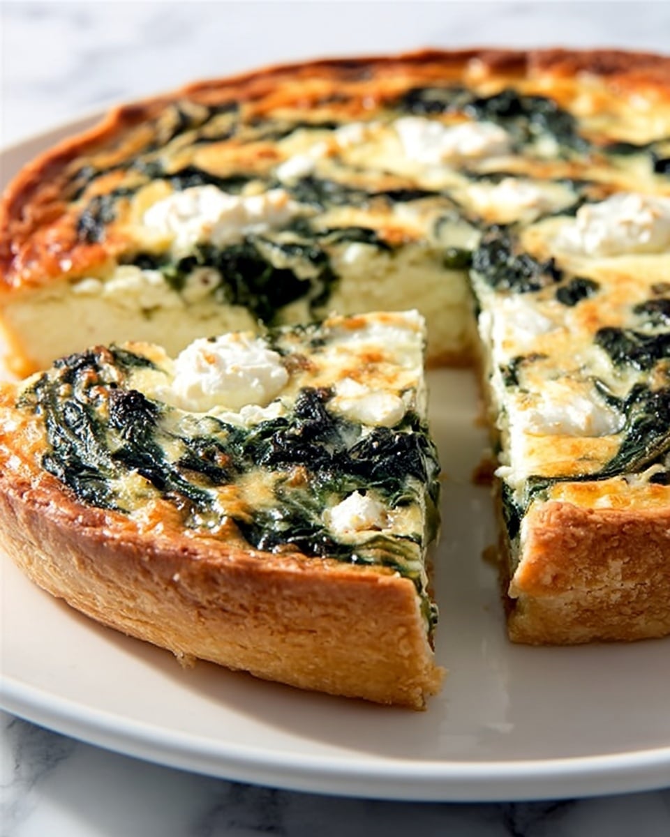 A white plate holding a two-layer quiche with a golden-brown crust that looks crisp and slightly flaky on the bottom and sides. The quiche filling is creamy and pale yellow, studded with wilted dark green spinach leaves and soft white cheese dollops, creating a textured and slightly uneven surface on top. One slice is lifted slightly, showing the quiche’s thickness and moist interior. The background is a white marbled texture. Photo taken with an iphone --ar 4:5 --v 7