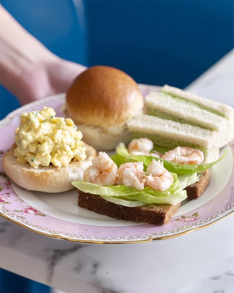 A white plate with a pink and gold rim holds three types of small sandwiches. On the left, a soft round bun with a light brown top is filled with chunky light yellow egg salad. On the right, there are two small rectangular pieces of soft white bread filled with a thin layer of pale green spread. In front of these, two pieces of dark brown bread are topped with light green leafy lettuce, a dollop of pale pink mayonnaise, and a small cooked shrimp on each. A woman's hand holds the plate against a white marbled surface and a blue background. Photo taken with an iphone --ar 4:5 --v 7