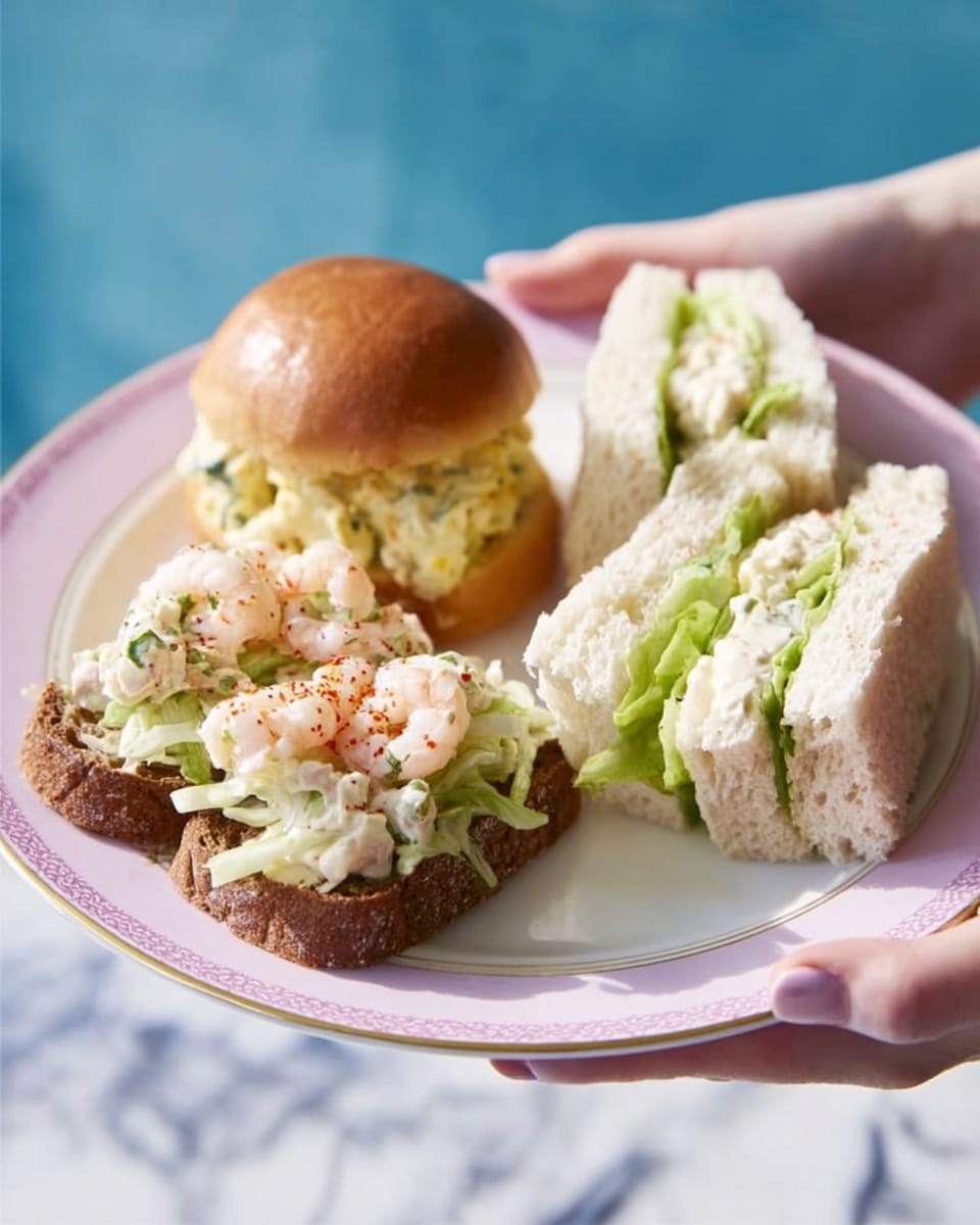 A white plate with a pink rim is held by a woman's hand, displaying a variety of small foods. On the left side, there is a sandwich with a soft, golden-brown bun filled with pale yellow egg salad mixed with green herbs. In the middle, two pieces of dark brown toast are topped with shredded pale green lettuce and creamy white mayonnaise garnished with small pink shrimp and a sprinkle of red spice. On the right side, two halves of a white bread sandwich have a smooth light green spread and thin white filling. The background features a white marbled texture with a blue backdrop behind the person holding the plate. Photo taken with an iphone --ar 4:5 --v 7