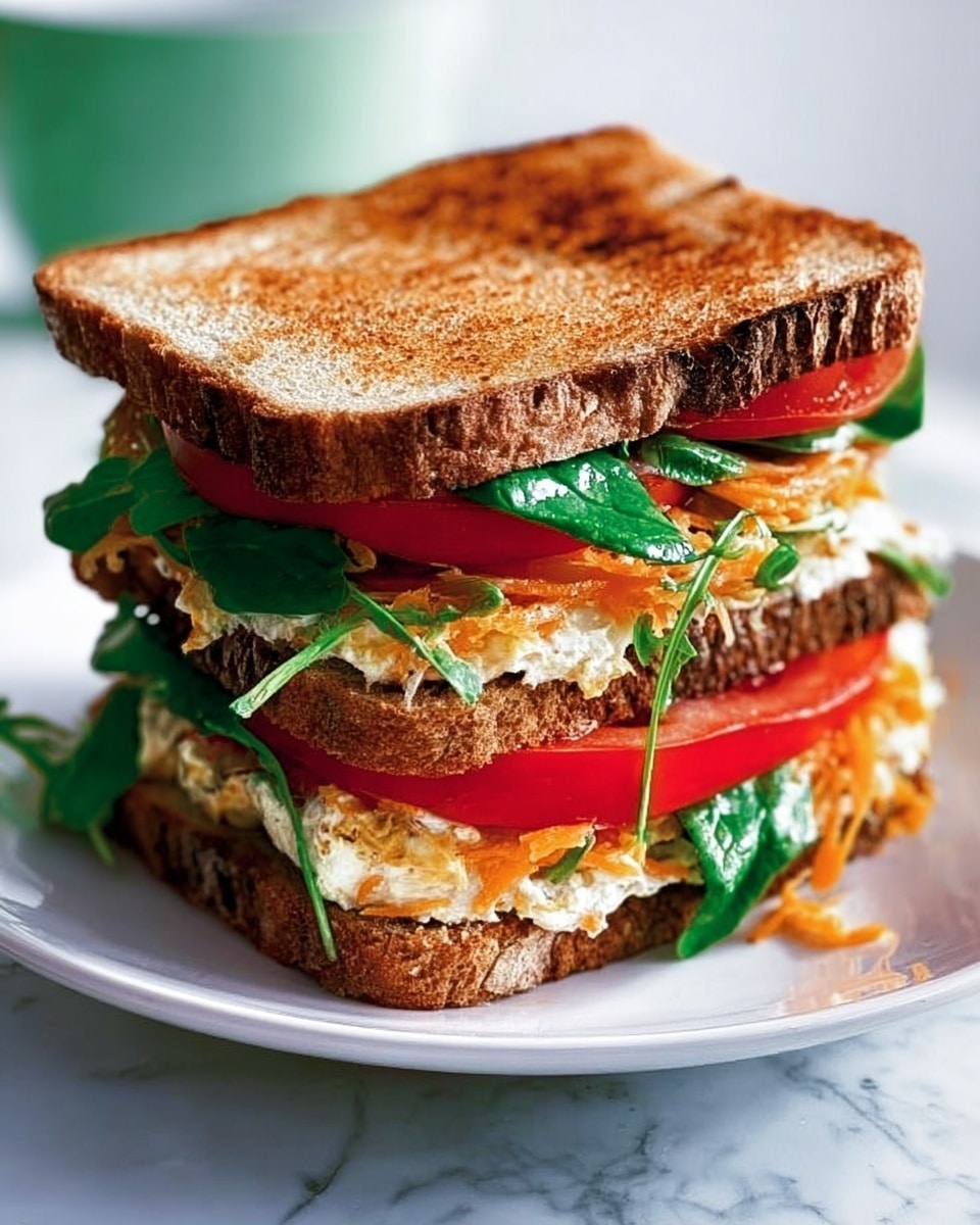 The image shows a sandwich with three layers of toasted brown bread, placed on a white plate atop a white marbled surface. The bottom layer of bread is topped with green leafy vegetables and thick slices of red tomato. The middle layer includes a creamy, white spread mixed with shredded orange cheese and more fresh green leaves. The sandwich is completed with the top slice of toasted bread, which has a golden-brown texture with some darker toasted spots. The sandwich looks fresh and colorful, with visible layers of different textures and colors. Photo taken with an iphone --ar 4:5 --v 7
