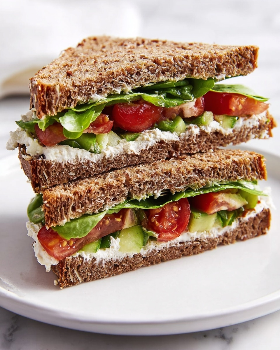 The image shows two sandwich halves stacked on a white plate, placed on a white marbled surface. Each sandwich has three layers of dark brown, porous whole grain bread with visible texture. Between the bread layers, there is a fresh green layer of leafy lettuce, bright red cherry tomato slices, and a creamy white spread that looks like cream cheese. The layers are thick and fresh, with the greens and tomatoes peeking out well. The sandwiches are cut into triangles and positioned so the colorful filling is clearly visible. Photo taken with an iphone --ar 4:5 --v 7