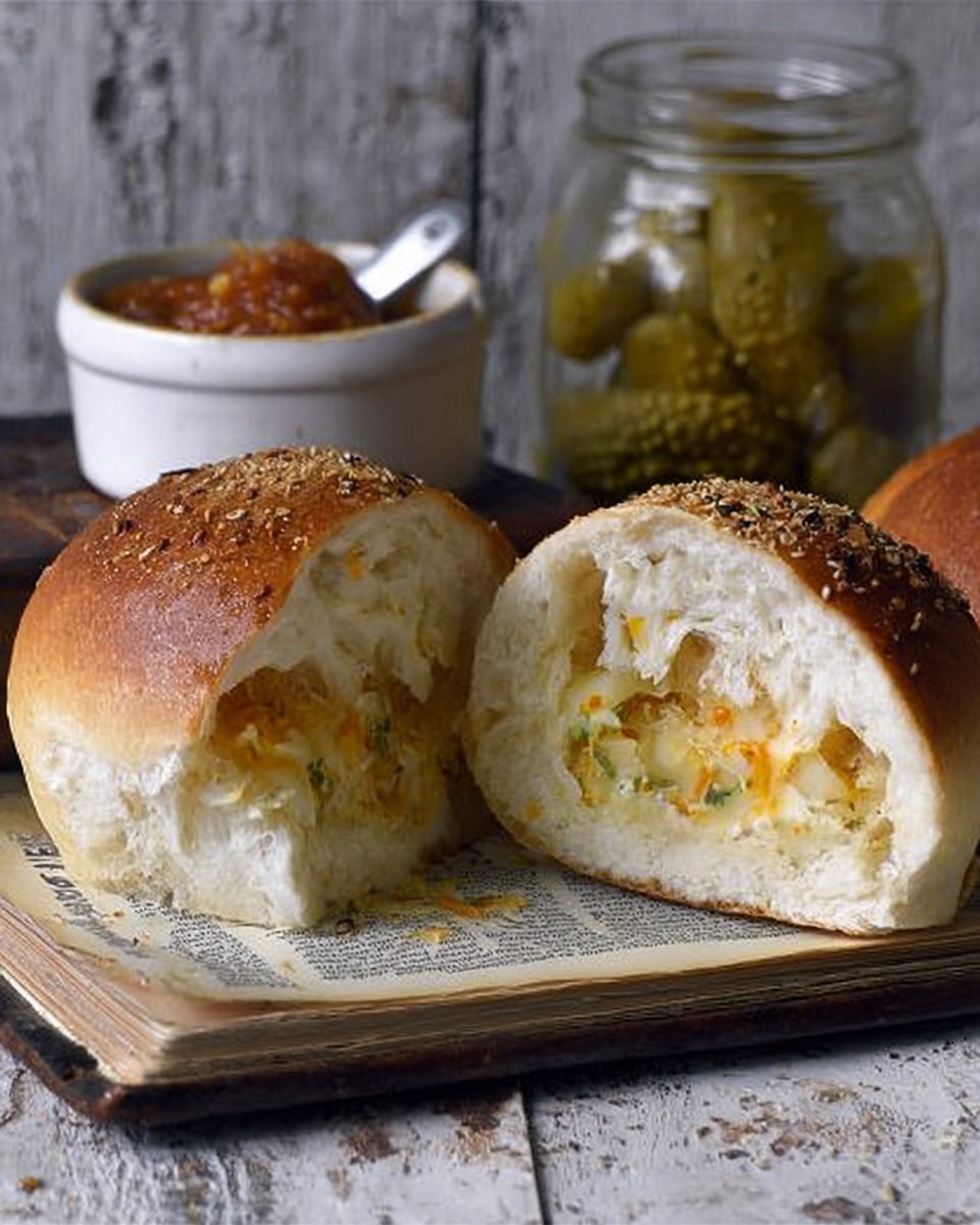 The image shows a white bread roll cut in half, with the inside filled with small pieces of light yellow cheese layered with some light green and orange bits, likely herbs or vegetables. The top of the roll is golden brown with a sprinkle of seeds, and the texture looks soft and fluffy inside. Behind the bread, there is a clear glass jar filled with small pickles and mustard seeds, and a white bowl with a spoon, holding a reddish-brown chunky sauce. Everything is placed on an old book with a rustic white wooden surface as the base, but the background and surface should be imagined as white marble. photo taken with an iphone --ar 4:5 --v 7