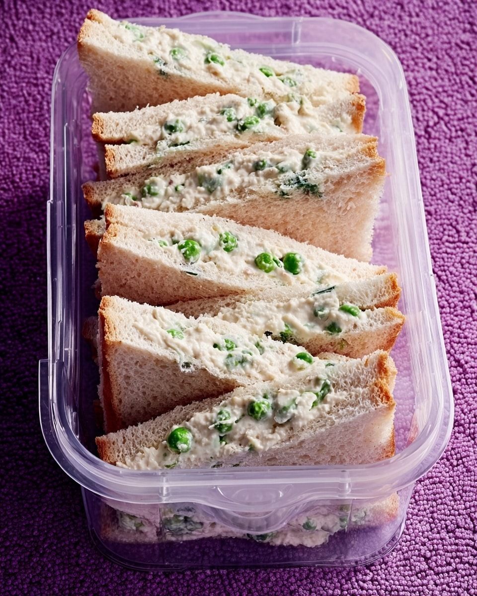 The image shows a clear plastic container holding six triangular sandwiches stacked neatly in two rows. Each sandwich has two slices of light brown bread with a thick filling inside made of a creamy white mixture with visible small green peas and chopped green herbs. The sandwiches are placed on a purple textured cloth background that is changed to a white marbled texture. photo taken with an iphone --ar 4:5 --v 7