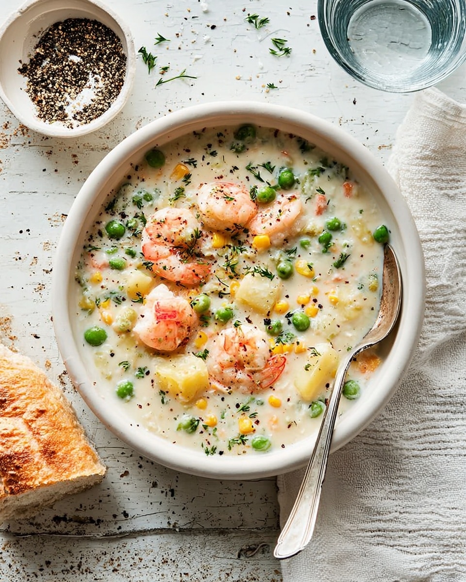 A white bowl filled with creamy soup is shown from above, with visible large pink shrimp pieces scattered on top and mixed inside. The soup contains green peas, yellow corn kernels, and small potato pieces, all in a thick pale cream base with specks of black pepper and green herbs sprinkled throughout. A silver spoon rests inside the bowl on the right side. The bowl is placed on a rustic white marbled surface with a white textured napkin underneath and a piece of torn crusty bread to the left. A small white dish filled with ground black pepper is near the top left, and a clear glass of water is at the top right corner. photo taken with an iphone --ar 4:5 --v 7