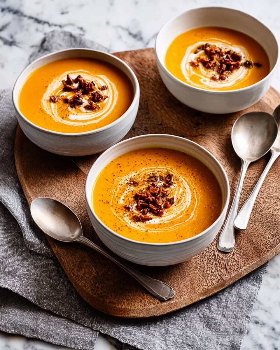 Three bowls of thick orange soup sit on a light wooden board over a white marbled surface. Each white bowl is filled nearly to the top with smooth orange soup, swirled with a white cream ring on the surface. On top of the cream are small bits of dark brown, crispy-looking pieces sprinkled evenly across the soup. Two silver spoons rest on the board near the bowls, with a chunky grey knit cloth underneath part of the board. Photo taken with an iphone --ar 4:5 --v 7
