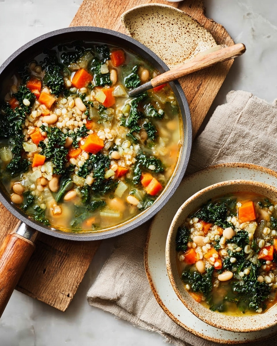 A white pot filled with a thick vegetable soup sits on a folded beige cloth and wooden board, featuring visible layers of orange carrot cubes, dark green kale leaves, beige beans, and translucent onion pieces all floating in a light yellow broth. Next to the pot is a white bowl on a matching white plate with the same soup and ingredients visible, placed on a white marbled surface. The soup shows a mix of chunky vegetables and beans with a hearty texture. Photo taken with an iphone --ar 4:5 --v 7