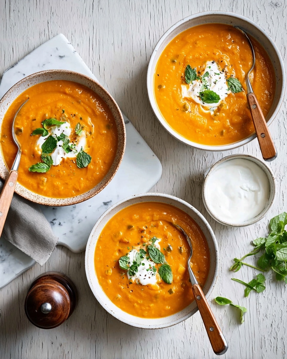 Three bowls of thick orange soup with small chunks, each topped with a dollop of white cream and fresh green herb leaves. Two bowls have wooden-handled spoons resting inside them. One bowl is on a white marbled textured surface, and another bowl is placed on a white cutting board next to a small white bowl filled with white cream and a spoon inside it. A few green herb leaves and a dark brown pepper grinder are nearby. The overall setting has a bright and fresh look. photo taken with an iphone --ar 4:5 --v 7