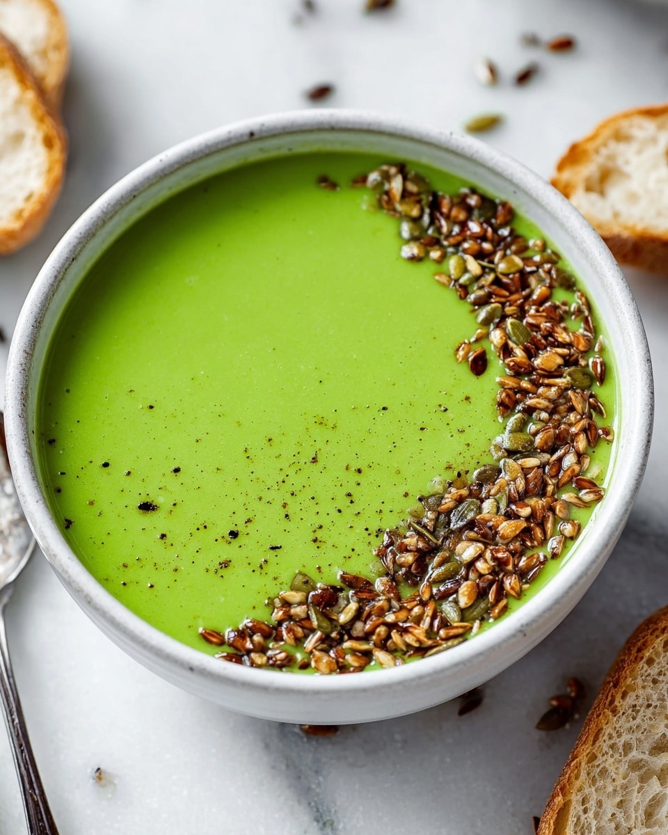 A white bowl filled with bright green creamy soup topped on one side with a layer of toasted mixed seeds in brown and golden shades, adding a crunchy texture. The soup looks smooth and thick, covering the bottom and leaving a clean, glossy surface in the rest of the bowl. Around the bowl, there is a piece of crusty bread and some scattered seeds on a white marbled surface. Photo taken with an iphone --ar 4:5 --v 7