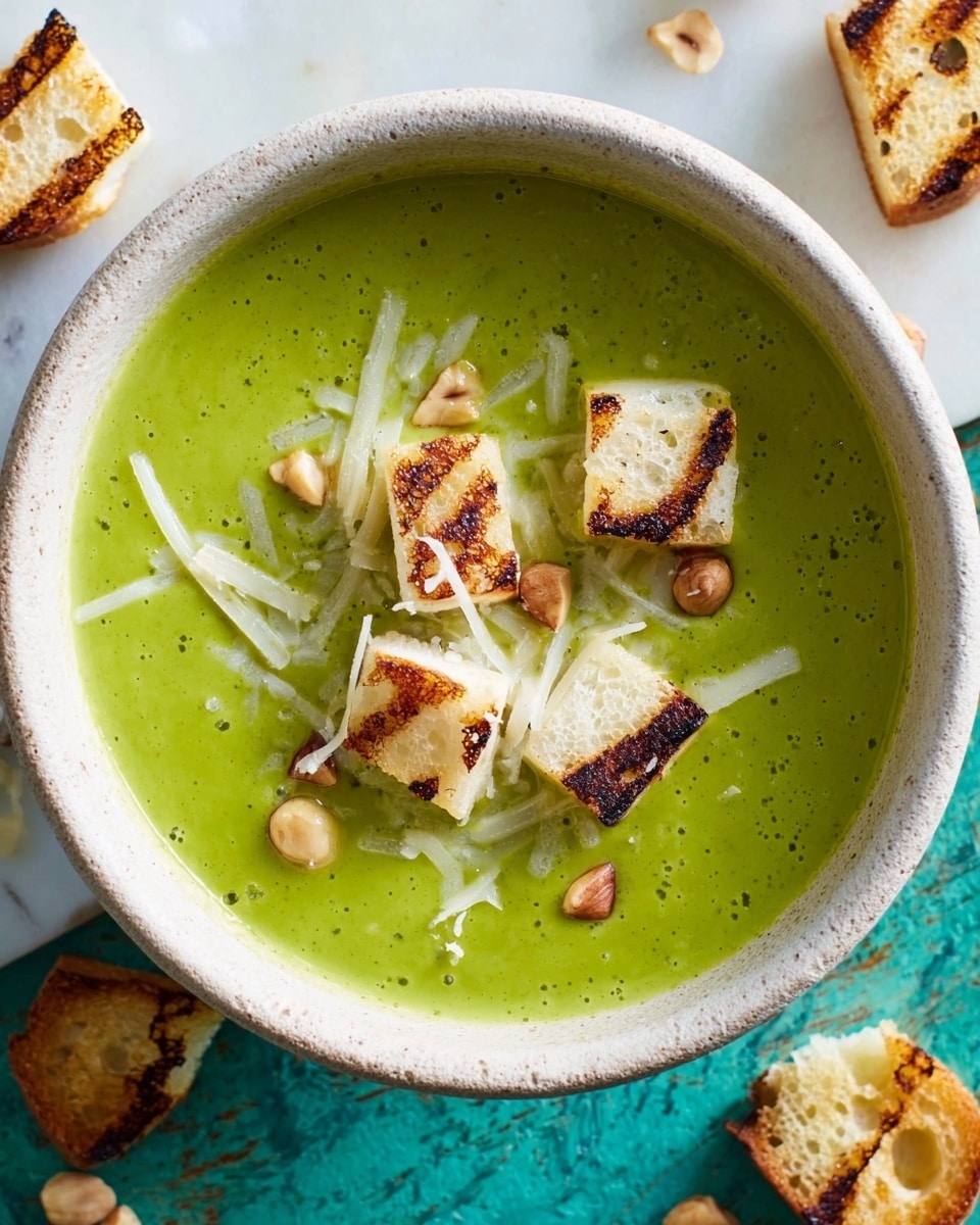 A white bowl filled with a smooth, bright green soup sits on a white marbled texture. On top of the soup are three pieces of toasted bread with grill marks and a light, crisp texture. There are small shreds of pale yellow cheese and a few scattered toasted hazelnuts on the soup's surface, adding texture and color. Around the bowl, there are some pieces of the same toasted bread on the white marbled surface, giving a casual look. Photo taken with an iphone --ar 4:5 --v 7
