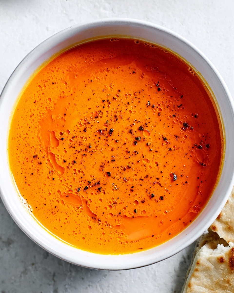 A white bowl filled with bright orange smooth soup with a glossy surface, lightly sprinkled with small black pepper pieces. The bowl sits on a white marbled texture surface with a piece of flatbread partially visible on the right side. The soup looks creamy and thick with tiny oil droplets catching light on top. photo taken with an iphone --ar 4:5 --v 7