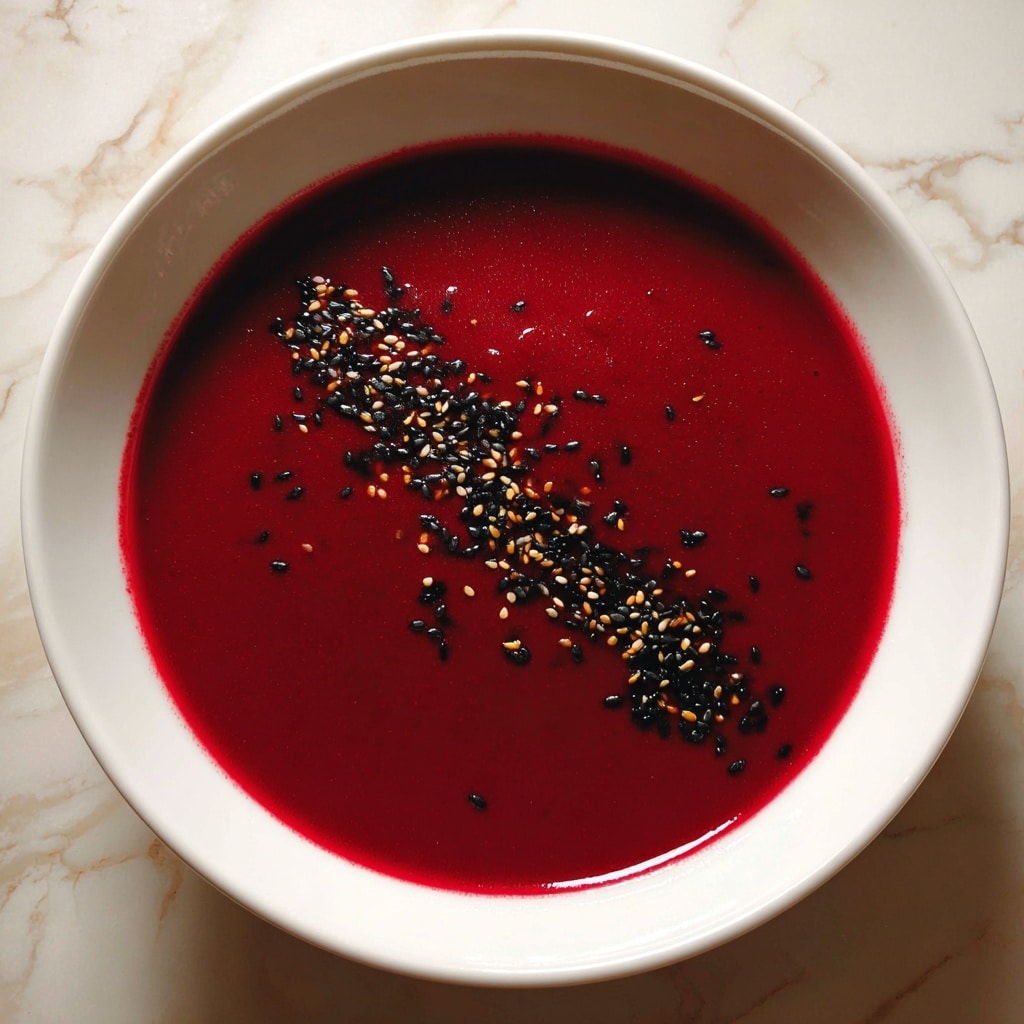 A smooth deep red soup is served in a white bowl, topped with a line of black sesame seeds running down the center. The surface of the soup is glossy with a slightly thick texture. The bowl is placed on a white marbled surface, with minimal shadows around it. photo taken with an iphone --ar 4:5 --v 7