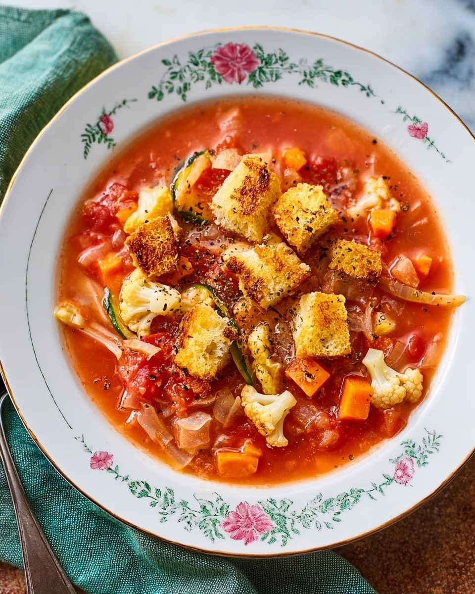 The image shows a white plate with a floral design around the edge filled with a chunky vegetable soup. The soup has a bright red tomato base and includes pieces of cauliflower, orange carrot cubes, green zucchini slices, and thin onion strips. There are several toasted, golden-brown croutons scattered on top, sprinkled with black pepper and herbs. The plate is set on a white marbled surface with a folded green cloth napkin nearby. Photo taken with an iphone --ar 4:5 --v 7