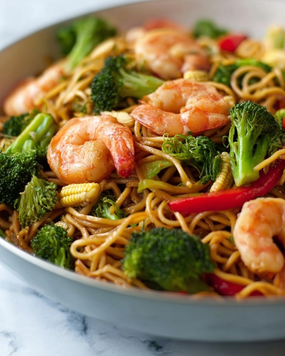 A close-up view of a white bowl filled with stir-fried noodles, layered evenly with light brown, slightly glossy noodles at the base; vibrant green broccoli florets spread evenly on top, mixed with bright yellow baby corn and small pieces of red bell pepper scattered throughout. Plump, pink shrimp are placed on top, slightly curled and glistening, adding a fresh contrast to the vegetables and noodles. The textures show soft noodles, crunchy vegetables, and juicy shrimp, all resting on a white marbled surface. Photo taken with an iphone --ar 4:5 --v 7