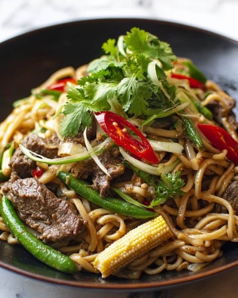 Beef Stir-Fry with Rice Noodles, Vegetables, and Peanuts Recipe