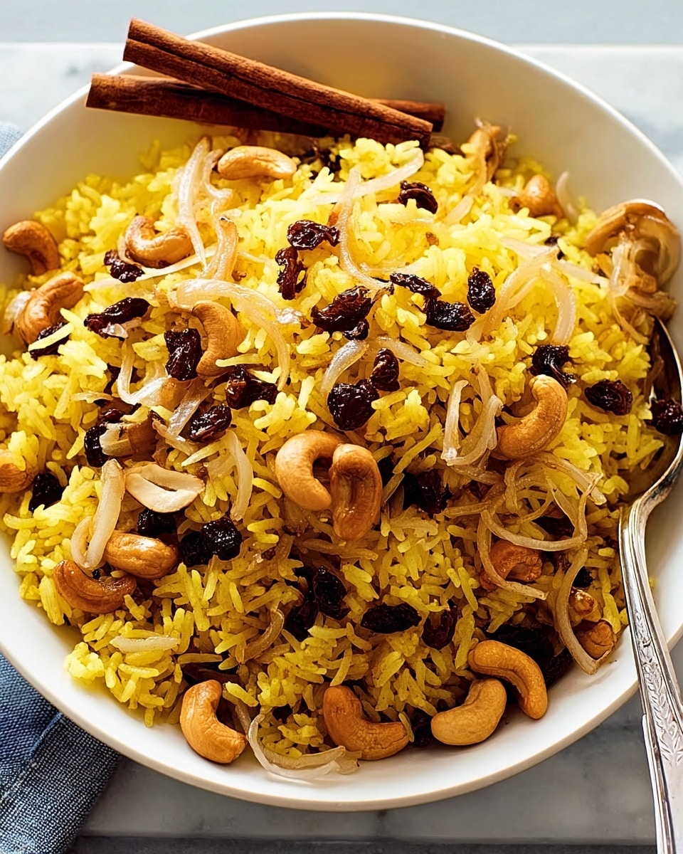 A white bowl holds a generous serving of yellow rice mixed with whole cashews, raisins, and thin slices of fried onion. The rice grains are fluffy and bright, forming the base layer, while the cashews are scattered evenly across, their light beige color contrasting with the deep brown of the caramelized onions and raisins. A few cinnamon sticks rest on top as a garnish, adding a touch of rustic texture. The bowl sits on a white marbled surface with part of a spoon visible on the right side. photo taken with an iphone --ar 4:5 --v 7