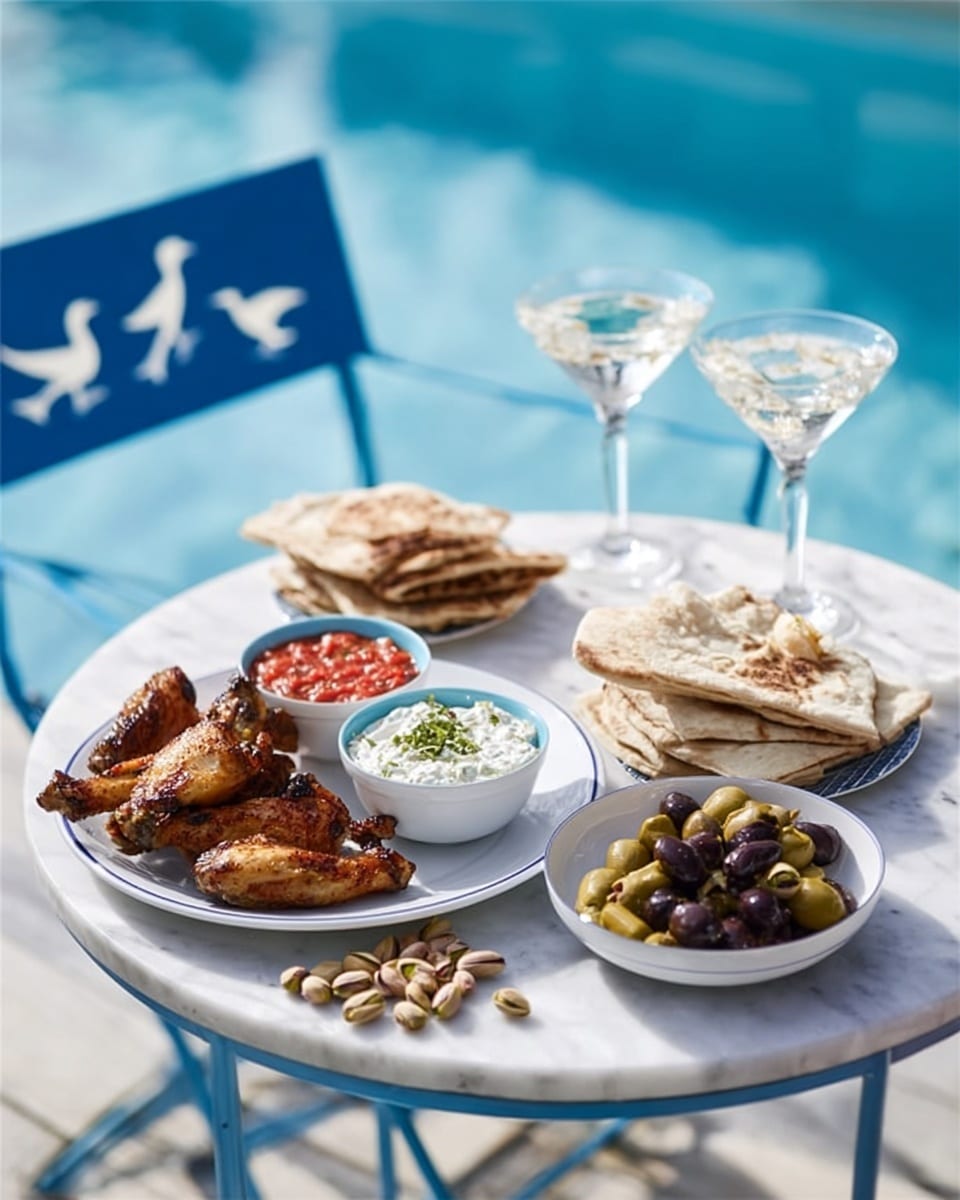 The image shows a light meal arranged on a small white marbled table by a pool with blue water in the background. There are two white plates with different foods: one plate holds golden brown grilled chicken wings on the left side, with a small pile of shelled pistachios next to them, and three small white bowls filled with red salsa, white creamy dip topped with herbs, and green and black olives mixed with dates on the right plate. A stack of pita bread is placed on the right plate behind the olives and dates. Two clear martini glasses filled with a white drink stand at the back. All dishes are on white plates, and the scene includes a blue chair with white bird shapes behind the table. The lighting is bright and natural. Photo taken with an iphone --ar 4:5 --v 7