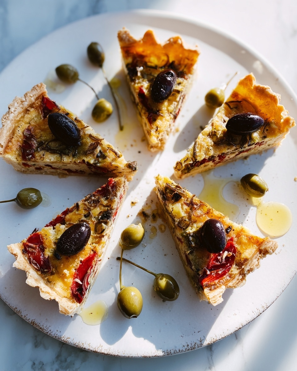Five small slices of a savory tart are placed on a white plate with a slightly raised edge. Each slice has three layers: a golden, flaky crust at the bottom, a colorful middle layer filled with red and green vegetables, and a top layer that is golden yellow with some browned spots, dotted with black olives. Scattered around the slices on the plate are several green olives and caper berries with long stems, and light reflections show oil drizzled over the tart and plate. The scene is set on a white marbled surface under soft natural light. photo taken with an iphone --ar 4:5 --v 7