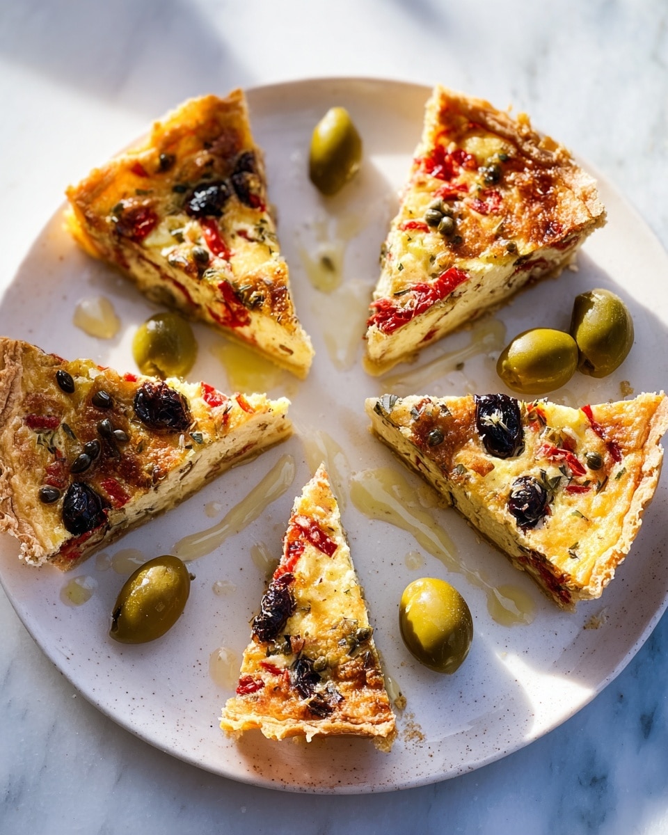 A white plate holds five small triangular slices of quiche, each with a golden-brown flaky crust at the bottom and edges. The filling layer is creamy yellow with bits of red from roasted peppers, dark spots from black olives, and green herbs scattered throughout. Around and between the slices are shiny, green olives and large caper berries with stems. There are drops of glistening olive oil on the plate, enhancing the texture and color contrast. The plate sits on a white marbled surface, and the light creates soft shadows and warm highlights. photo taken with an iphone --ar 4:5 --v 7