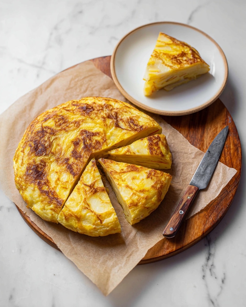 A round, thick Spanish omelette with a golden-brown top sits on a wooden board lined with parchment paper; it is cut into four large triangular slices, showing several layers of yellow cooked eggs and pale potato slices inside. One slice is placed on a small white plate with a beige rim, displaying its layered texture clearly. A small knife with a wooden handle rests on the board next to the omelette. The background is a white marbled surface. Photo taken with an iphone --ar 4:5 --v 7