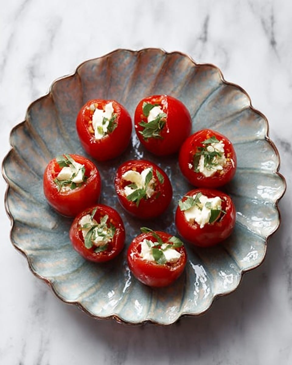 Seven small red cherry tomatoes are hollowed out and filled with white cheese chunks and green herb leaves, arranged evenly on a round white scalloped plate with a slightly shiny surface. The plate sits on a white marbled textured surface, creating a clean contrast with the bright red tomatoes and fresh green herbs. Photo taken with an iphone --ar 4:5 --v 7