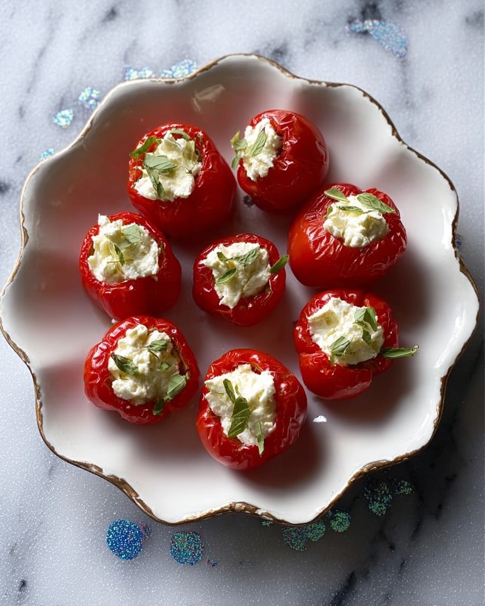 A white scalloped bowl holds seven small red stuffed round peppers, each filled with creamy white soft cheese and topped with small green herb leaves, arranged evenly inside the bowl. The bowl sits on a white marbled surface with a few glittery blue and silver details faintly visible around it. Photo taken with an iphone --ar 4:5 --v 7