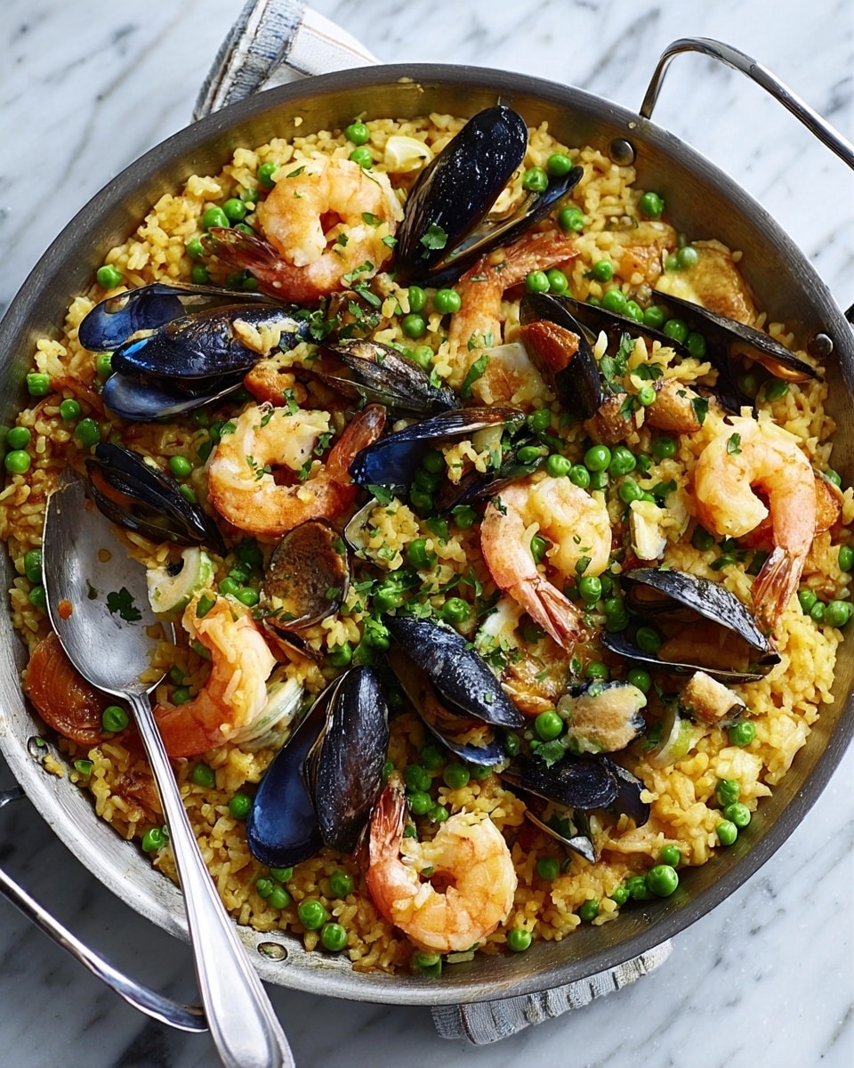 A large shallow metal pan filled with a colorful seafood rice dish featuring one main layer of yellow-orange rice scattered with bright green peas. On top, there are many pieces of plump pink shrimp with tails, dark blue-black mussel shells opened to show orange flesh, and chunks of white fish. A silver spoon rests on the edge of the pan, ready to serve. The whole dish sits on a white marbled surface. Photo taken with an iphone --ar 4:5 --v 7
