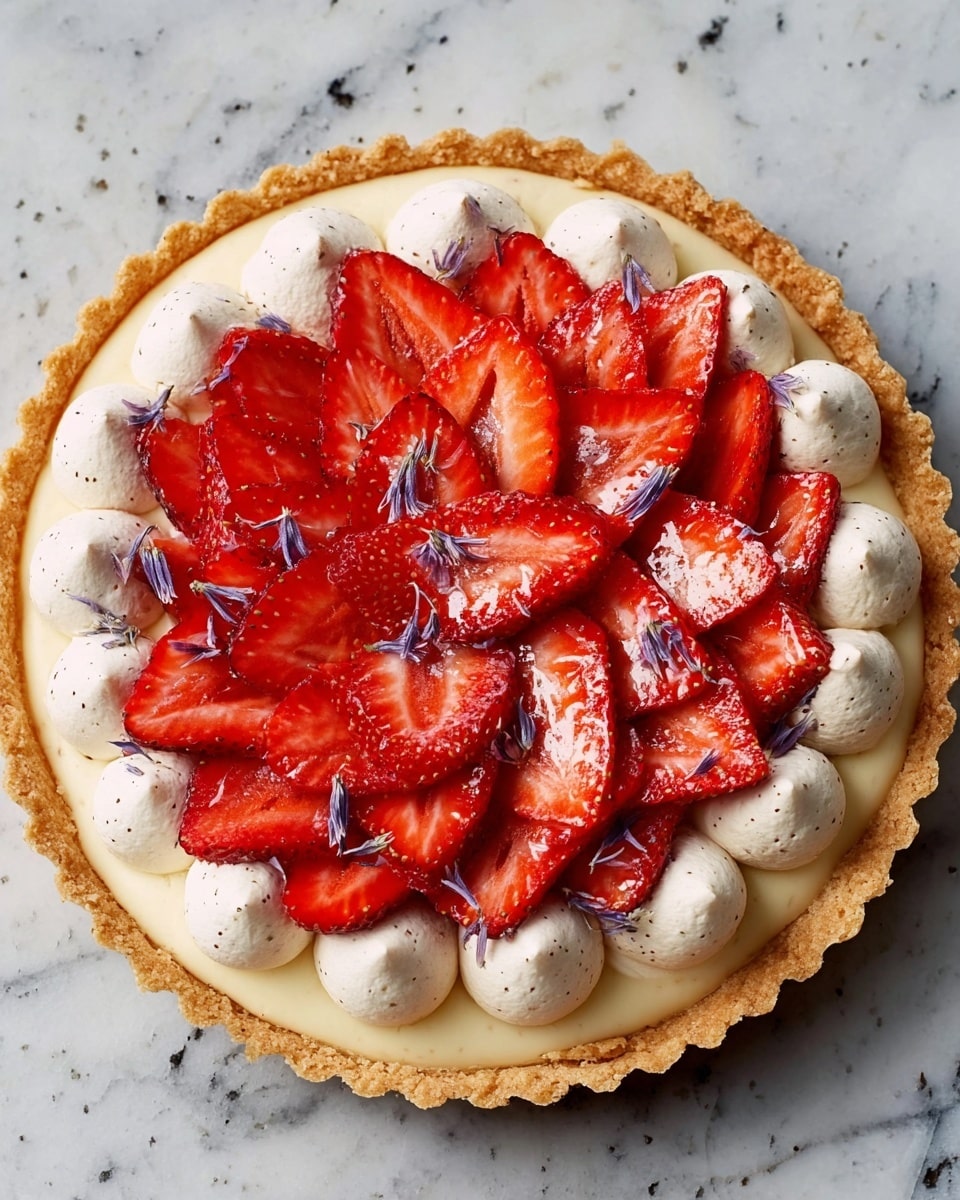 A tart with a golden brown crust forms the base, topped with a smooth white layer of cream dollops arranged in a circle. Fresh, sliced strawberries are neatly layered in two overlapping circles in the center, their bright red color contrasting with the white cream beneath. Tiny purple flower petals are scattered lightly over the strawberries, adding a delicate touch. The tart sits on a white marbled surface. photo taken with an iphone --ar 4:5 --v 7