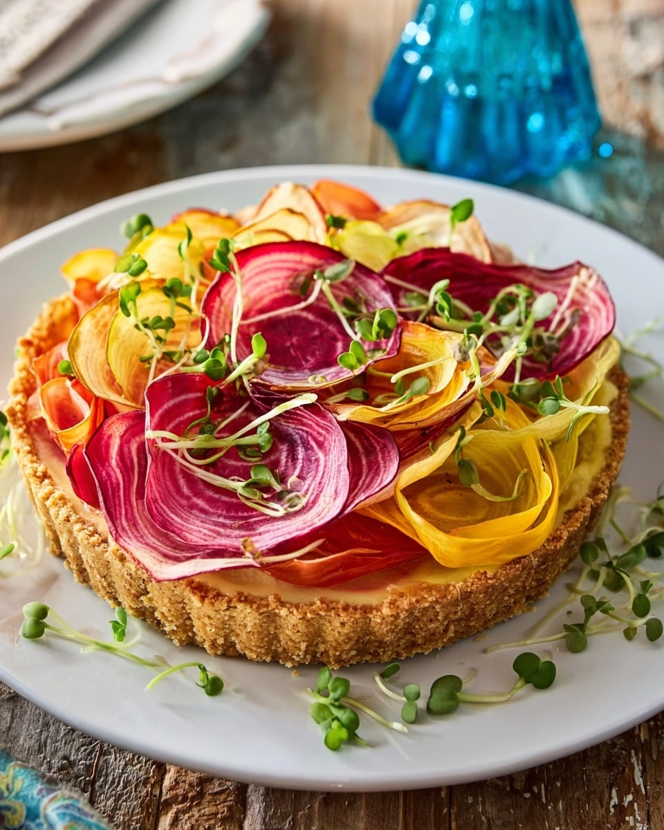 The image shows a round tart with a golden brown crust on a white plate. The tart is topped with thin, colorful vegetable slices arranged in layers that look like flower petals; the slices are shades of pink, red, yellow, and orange with some having rings or stripes. Small green sprouts are scattered on top and around the tart, adding a fresh touch. The plate is on a rustic wooden table, and there is a bright blue decorative object in the background. photo taken with an iphone --ar 4:5 --v 7